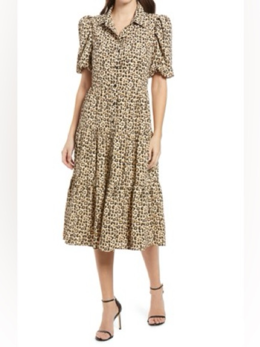 Charles Henry Leopard Print Tiered Shirt Dress